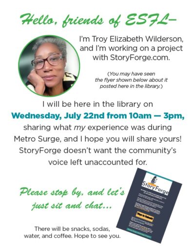 Flyer for Storyforge event at ESFL